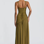 The Elara One-Shoulder Draped Corset Slit Maxi Dress