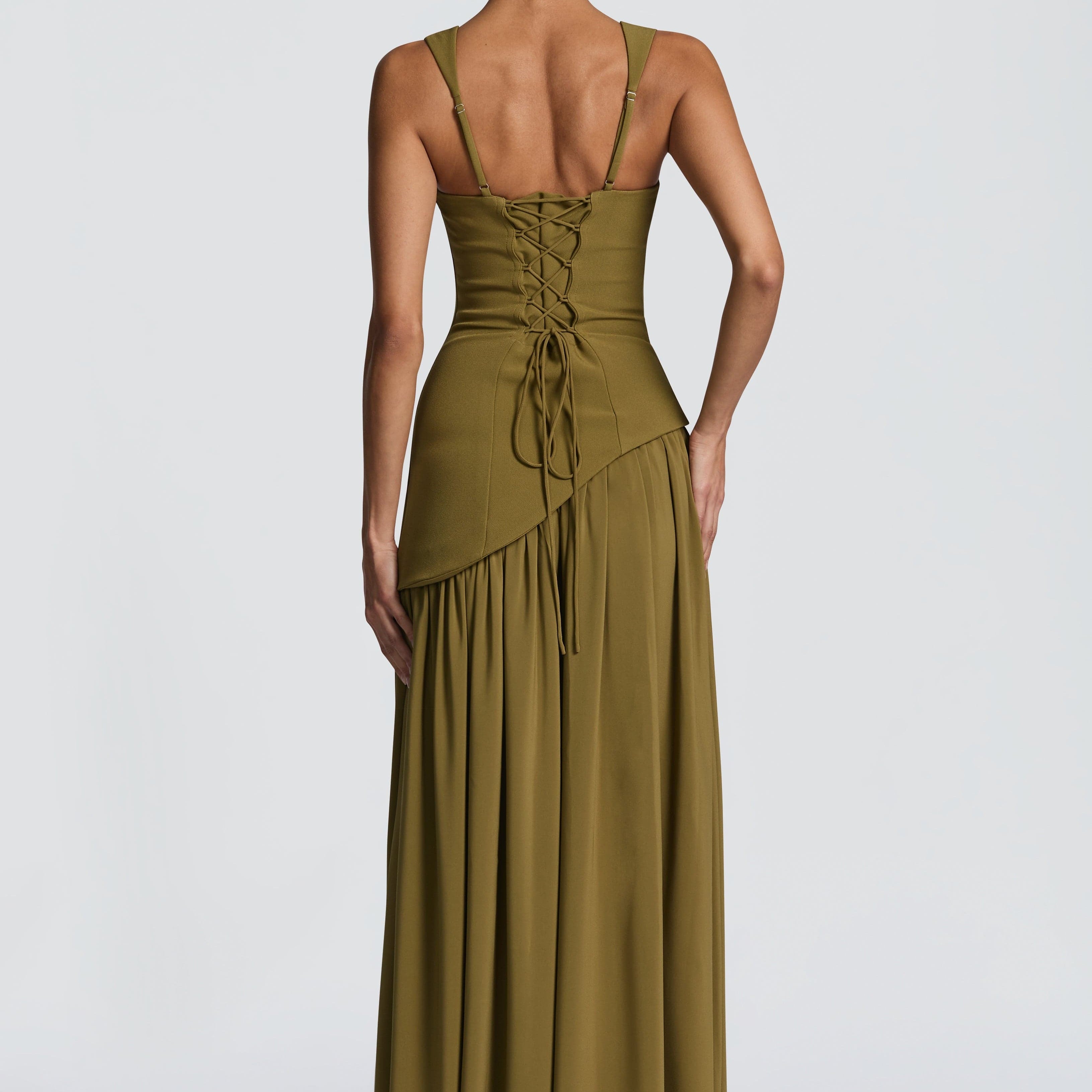 The Elara One-Shoulder Draped Corset Slit Maxi Dress