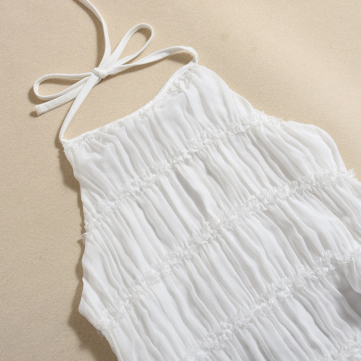 The Elara Tiered Crinkle Halter Maxi Dress