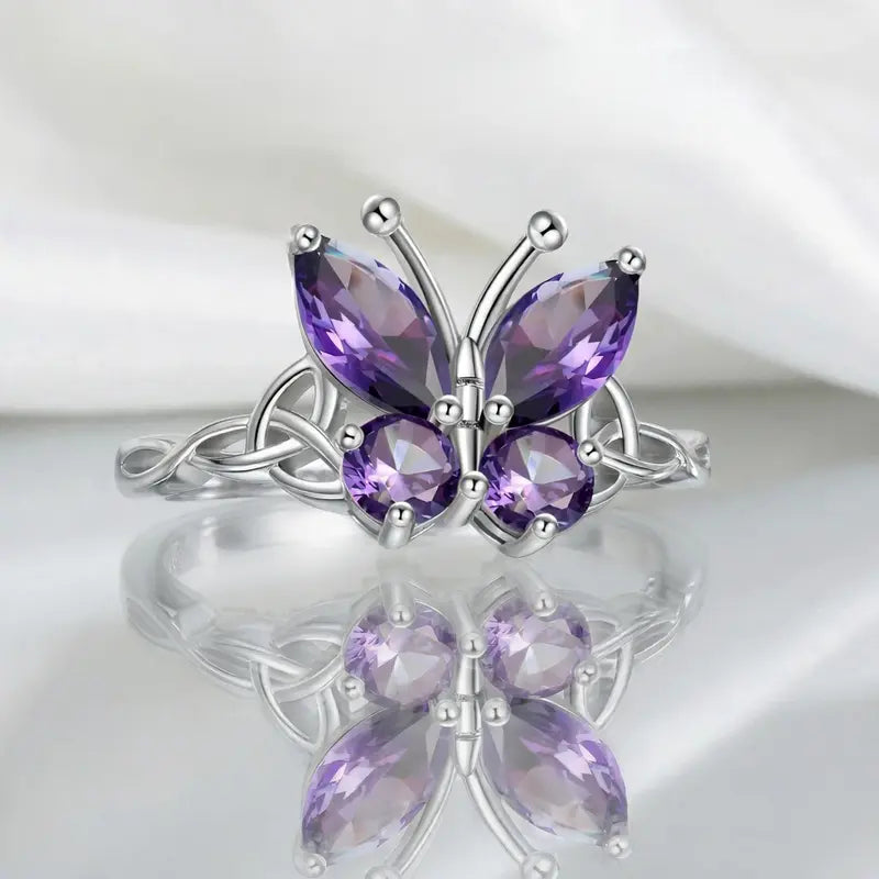 Purple CZ Celtic Butterfly Ring