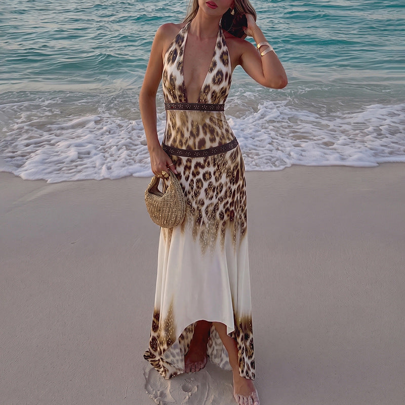 The Elara Leopard Halter Backless Maxi Dress