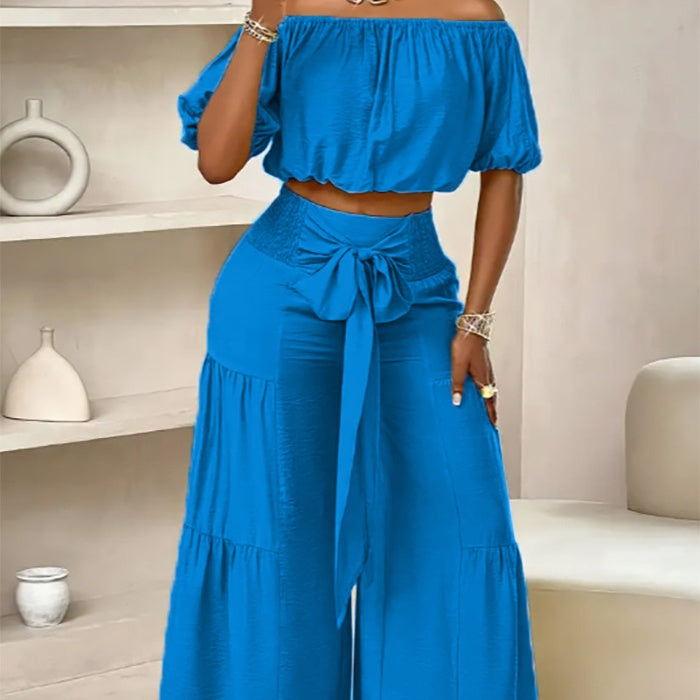 The Elara Off-Shoulder Tiered Wide-Leg Set