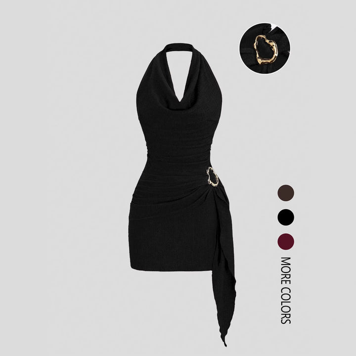 The Elara Cowl Neck Side Tie Mini Dress with Gold Buckle