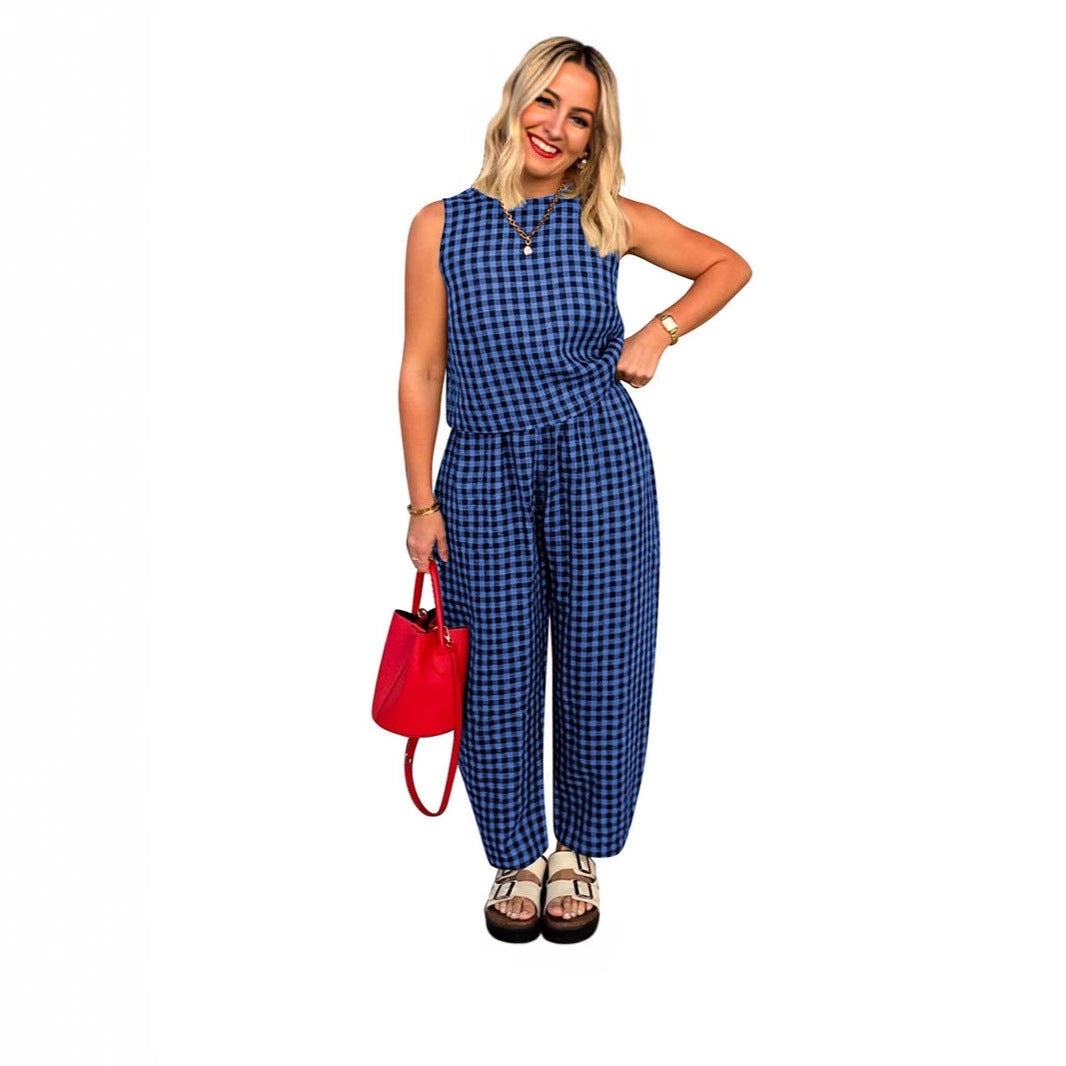 The Elara Plus Size Relaxed Check Tank &amp; Pant Set