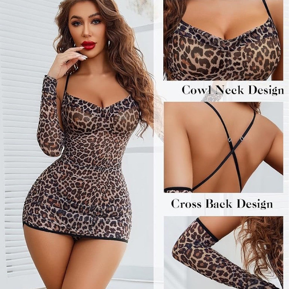 The Elara Sexy Leopard Mesh Club Lingerie Set