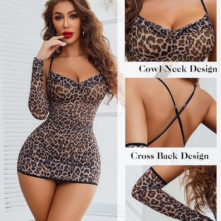 The Elara Sexy Leopard Mesh Club Lingerie Set