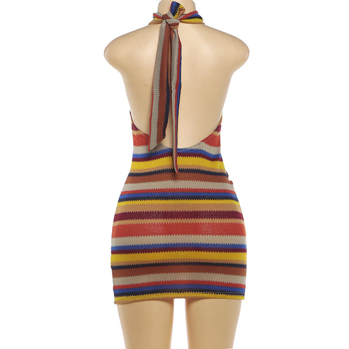 The Elara Rainbow Stripe Halter Dress