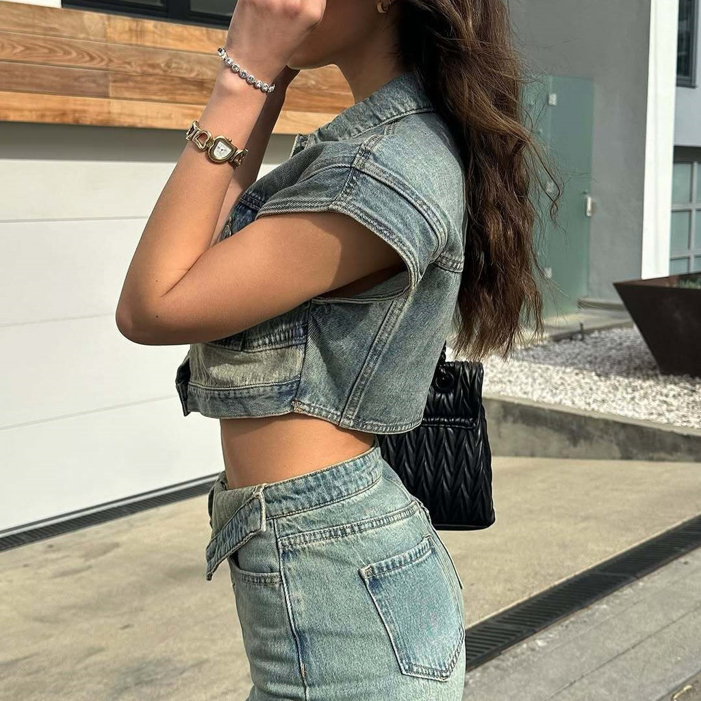 The Elara Asymmetrical Waisted Denim Two-Piece Set