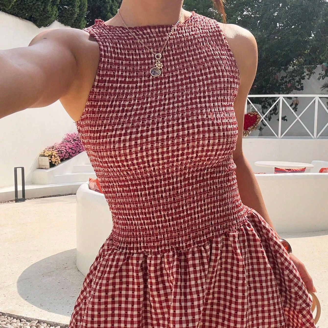 The Elara Riviera Gingham Smocked Mini