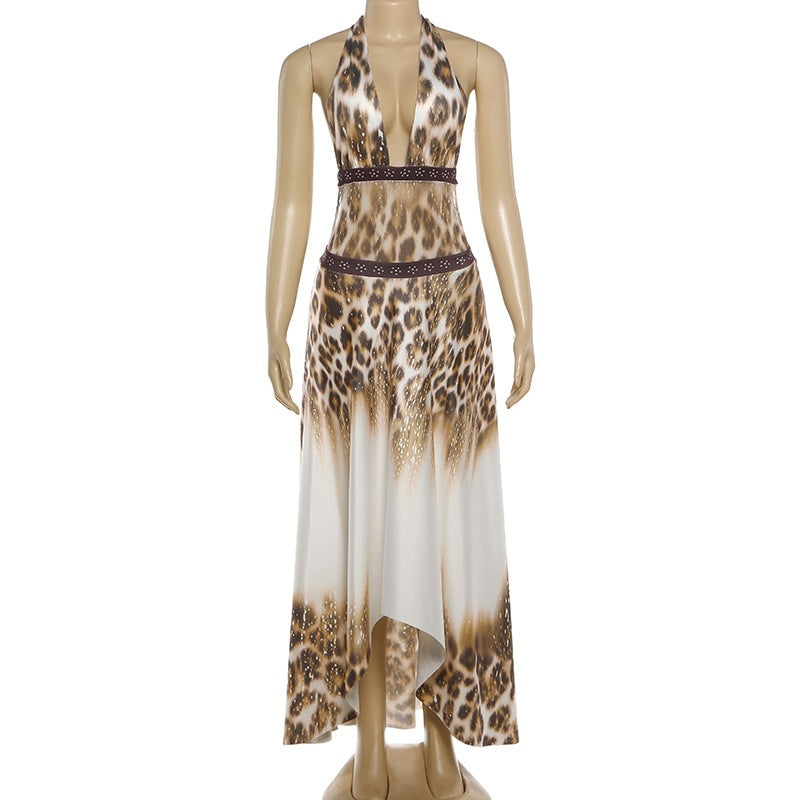 The Elara Leopard Halter Backless Maxi Dress