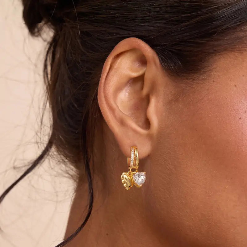 Heart-Charm Zircon Hoop Earrings