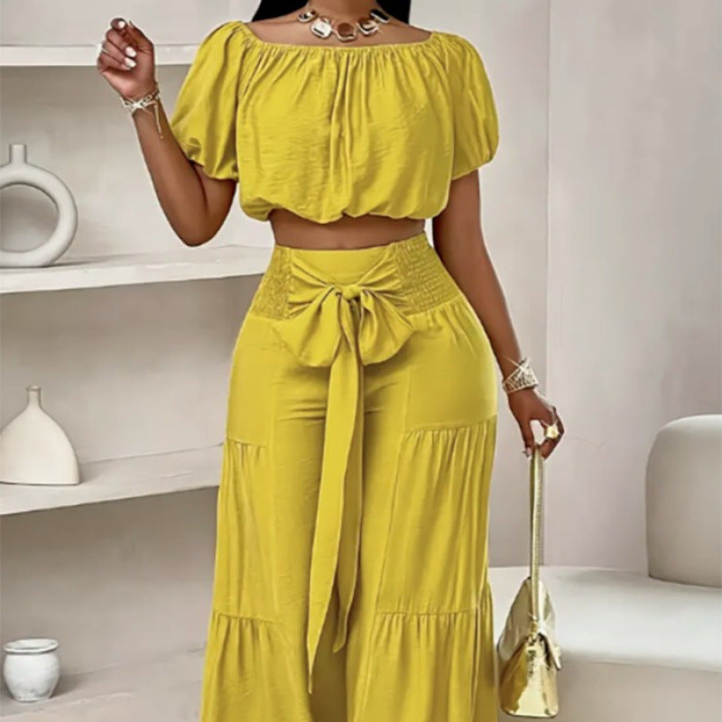 The Elara Off-Shoulder Tiered Wide-Leg Set