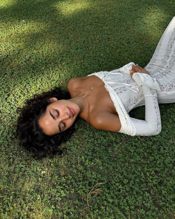The Elara Lace Off Shoulder Maxi Dress
