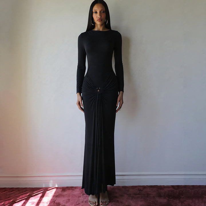 The Elara Ring-Buckle Ruched Maxi Dress