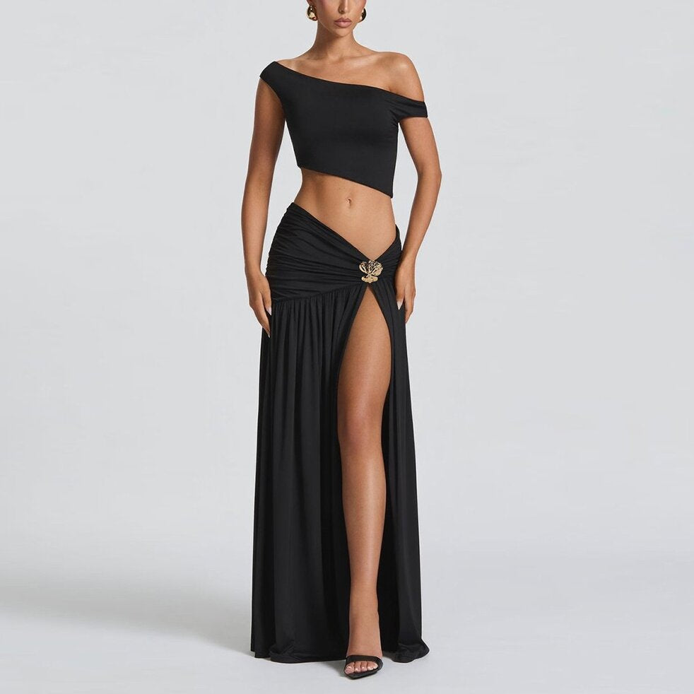 The Elara One Shoulder Ruched Split Maxi Skirt