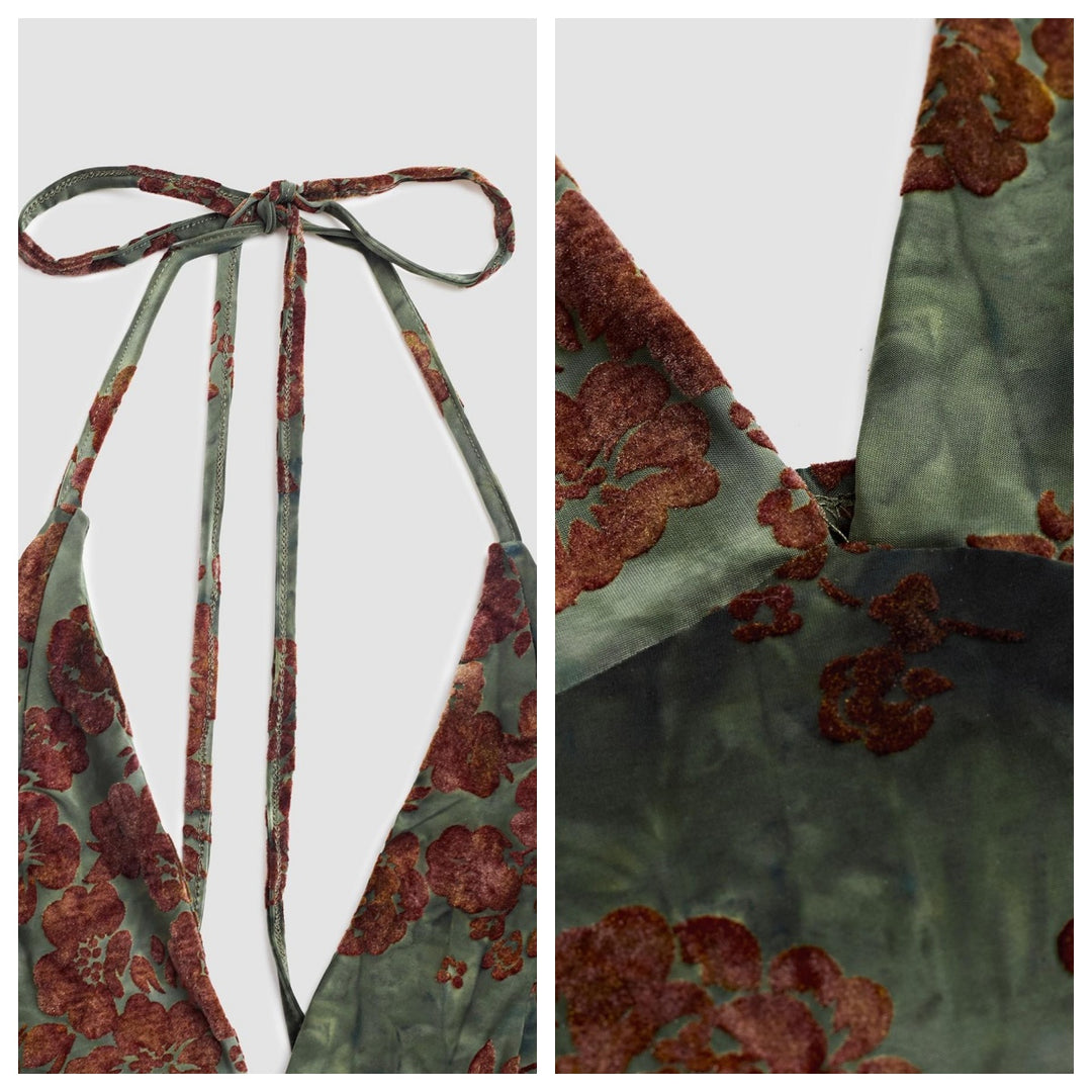 The Elara Floral Halter Deep V Ruched Fishtail Set
