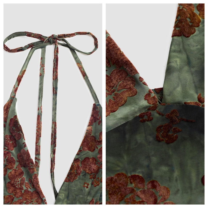 The Elara Floral Halter Deep V Ruched Fishtail Set