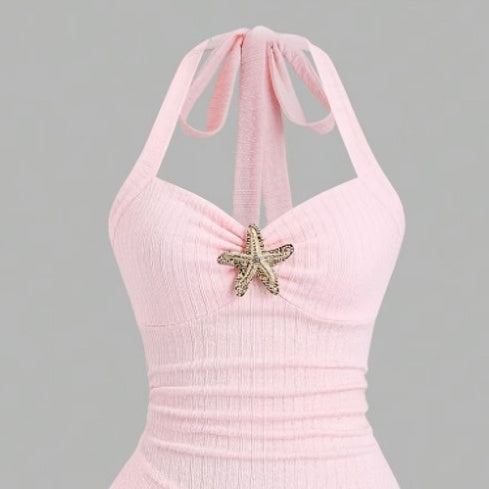 The Elara Starfish Halter Ruffle Ribbed  Mini