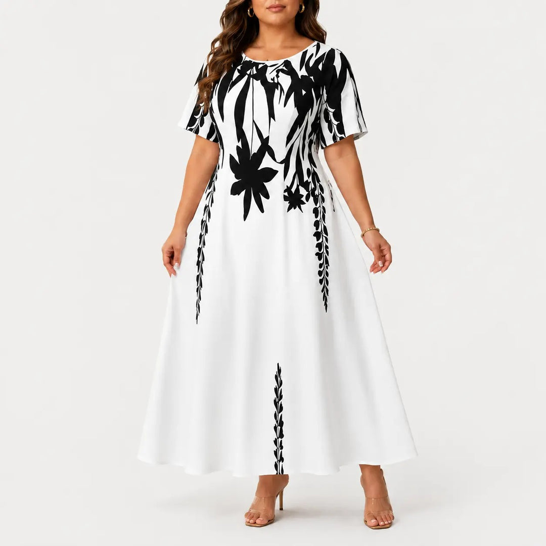 The Elara Monochrome Bloom A-Line Maxi Dress
