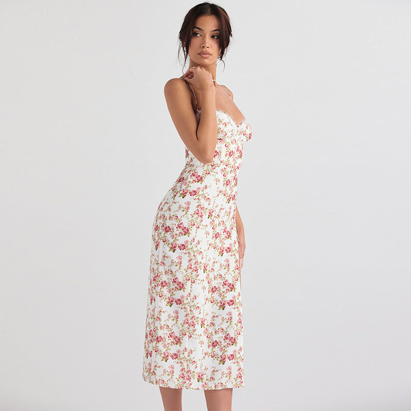 The Elara Ditsy Floral Lace Trim Slip Dress