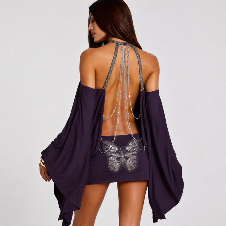 The Elara Butterfly Chain Backless Mini Dress
