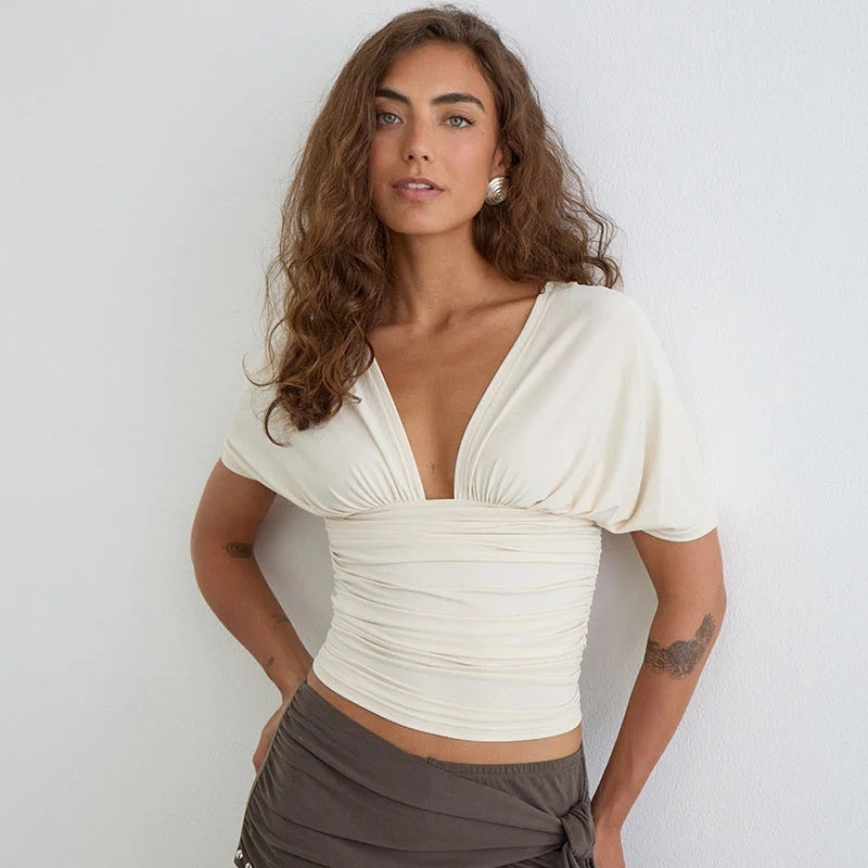 The Elara Draped Batwing V-Neck Blouse