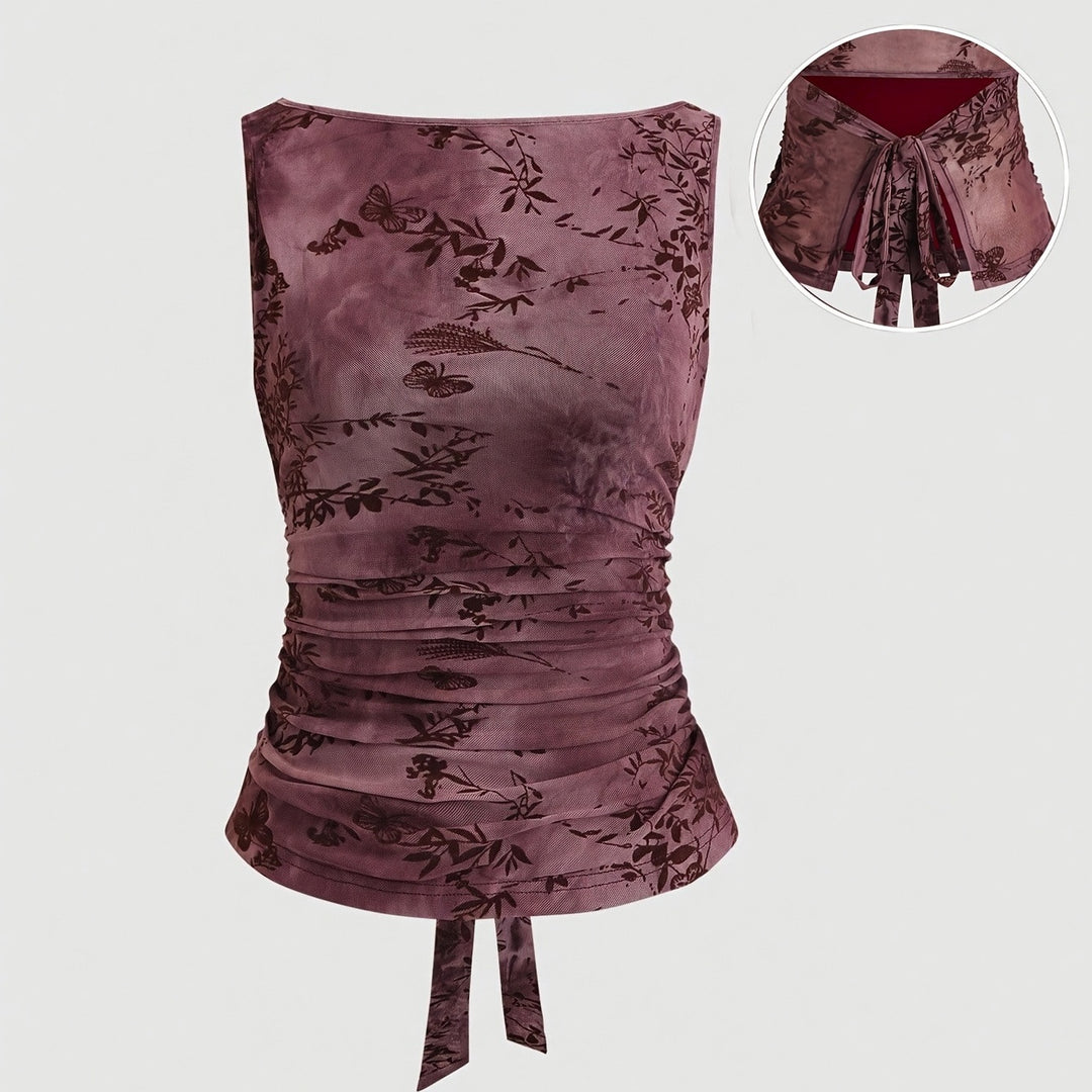 The Elara Boat Neck Floral Ruched Top