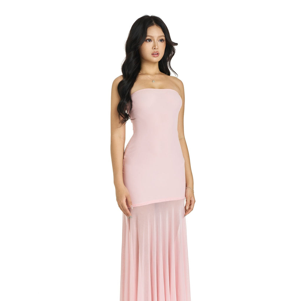 The Elara Sheer-Paneled Tube Maxi Dress