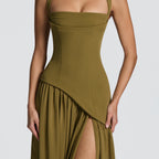 The Elara One-Shoulder Draped Corset Slit Maxi Dress
