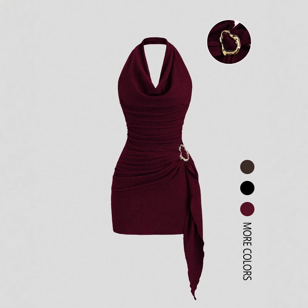The Elara Cowl Neck Side Tie Mini Dress with Gold Buckle