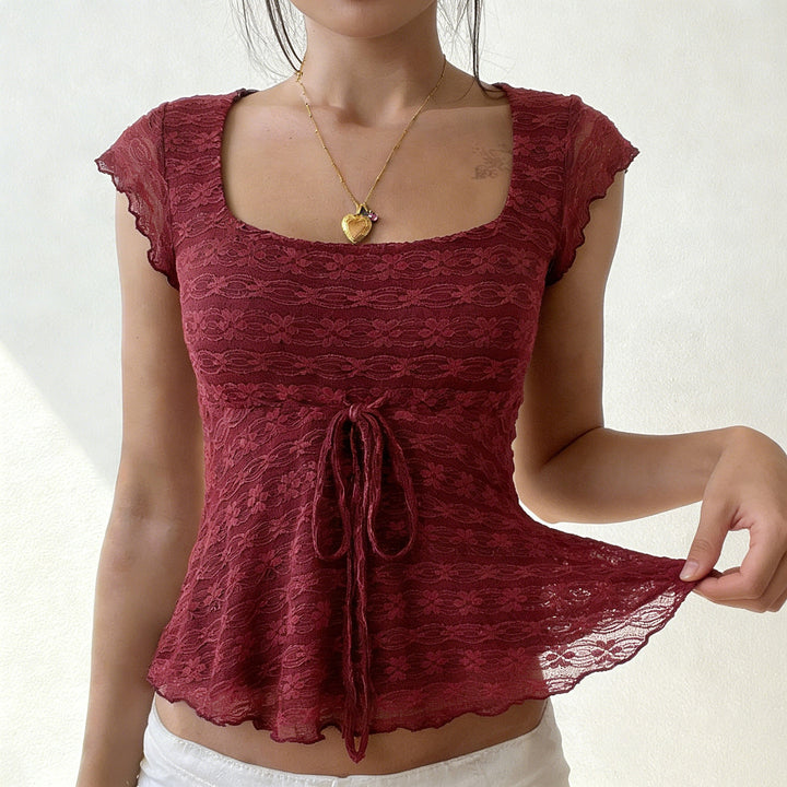The Elara Vintage Lace Tie Waist Top