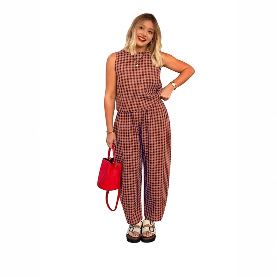 The Elara Plus Size Relaxed Check Tank &amp; Pant Set