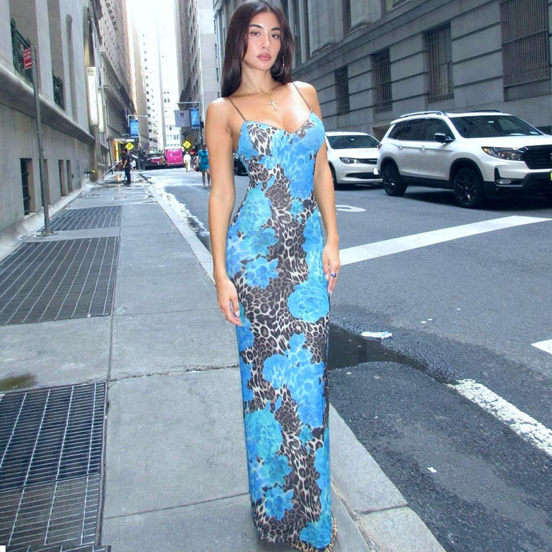 The Elara Blue Rose Leopard  Maxi Dress
