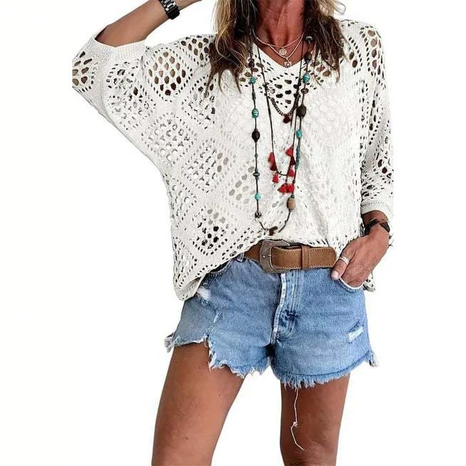 The Elara Boho Crochet V Neck Top