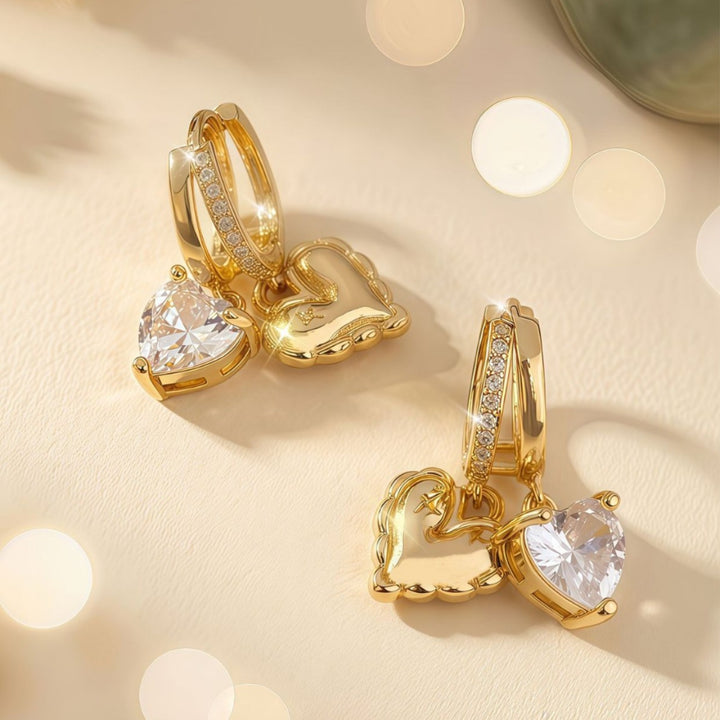 Heart-Charm Zircon Hoop Earrings