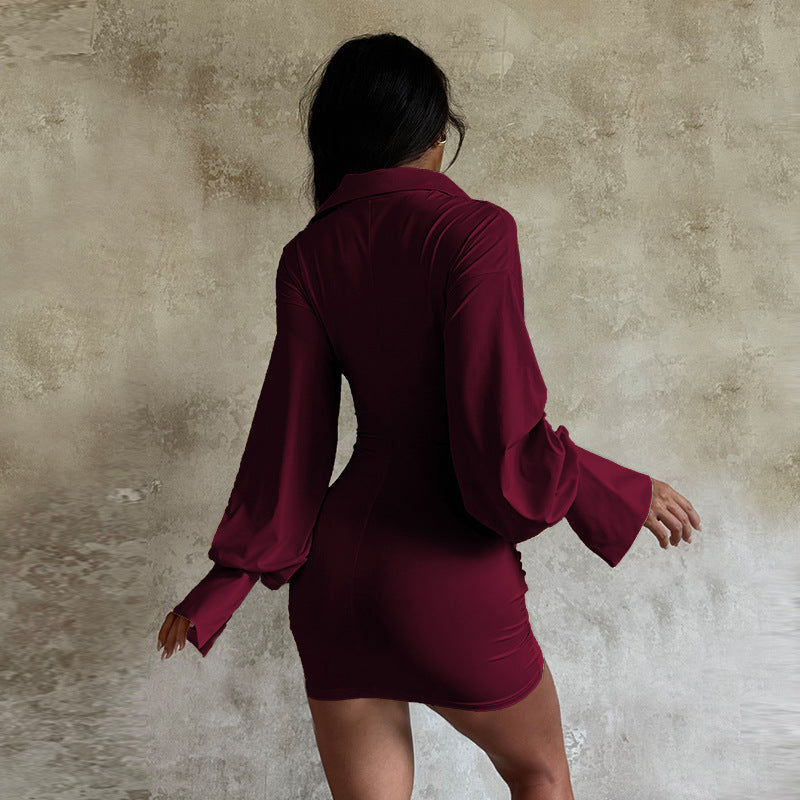 The Elara Ruched Wrap Shirt Mini Dress