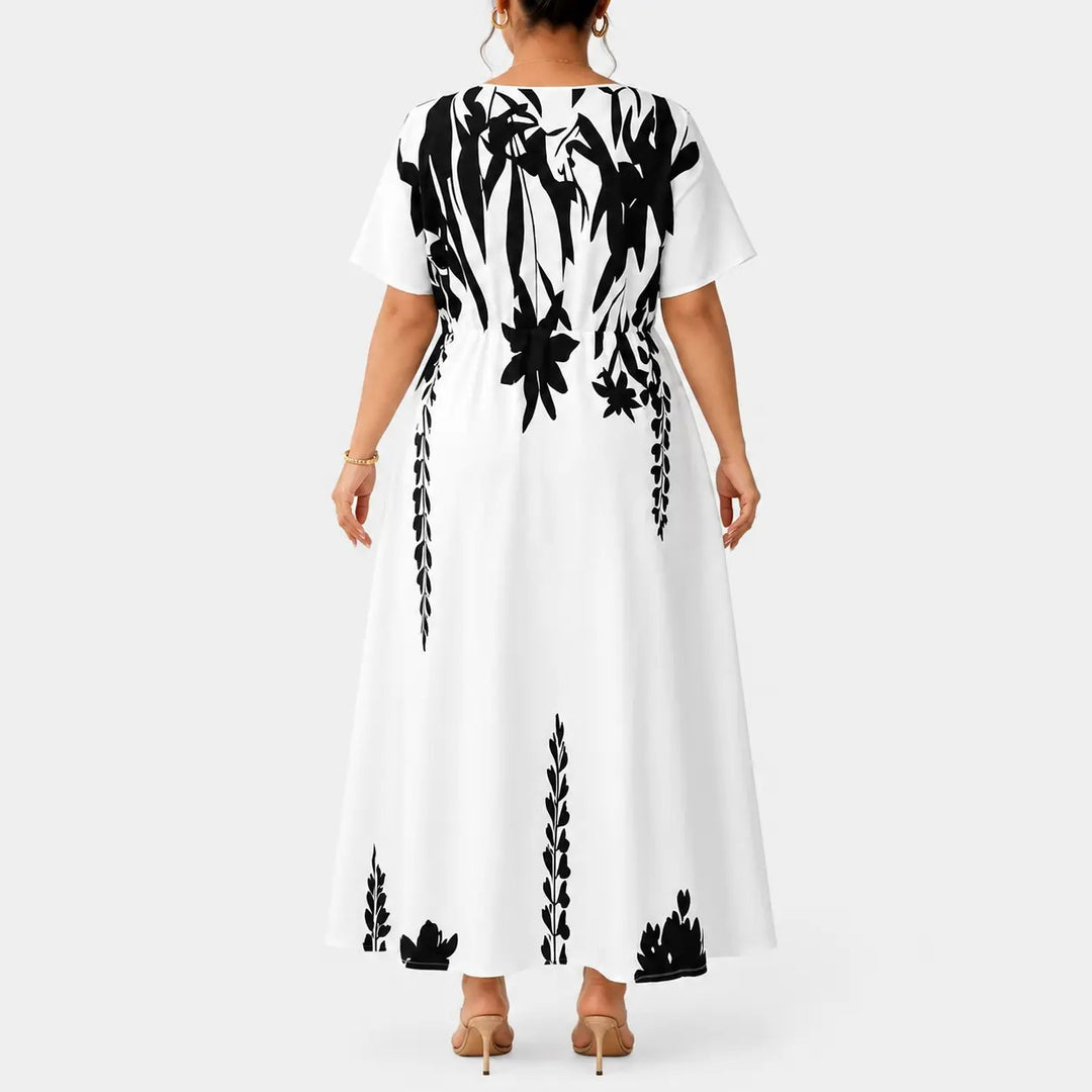 The Elara Monochrome Bloom A-Line Maxi Dress