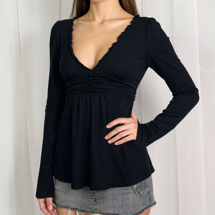 The Elara Lace Trim Ruched Peplum Top