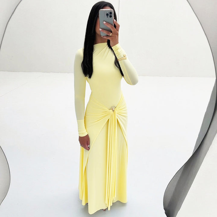 The Elara Ring-Buckle Ruched Maxi Dress