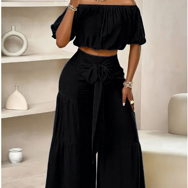 The Elara Off-Shoulder Tiered Wide-Leg Set