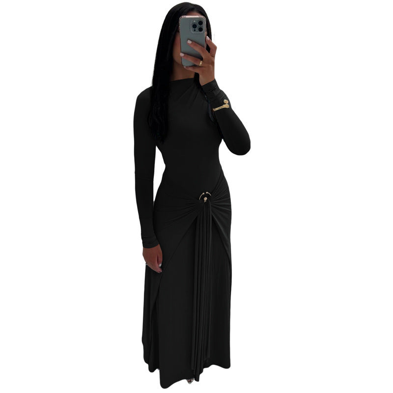 The Elara Ring-Buckle Ruched Maxi Dress