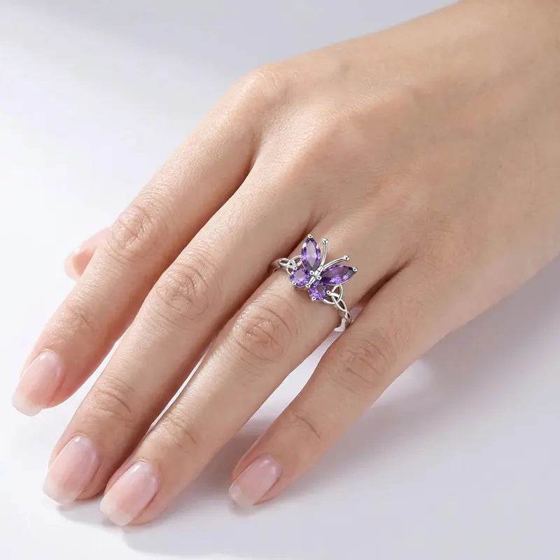 Purple CZ Celtic Butterfly Ring