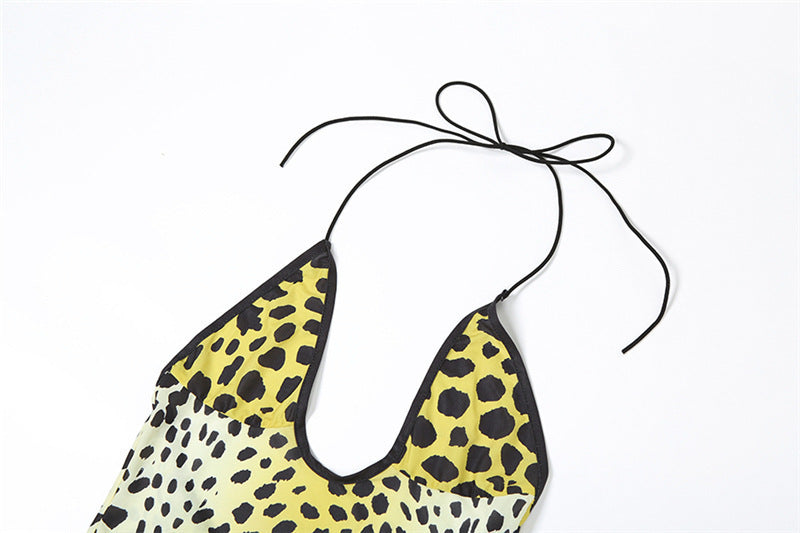 The Elara Golden Leopard  Halter Dress