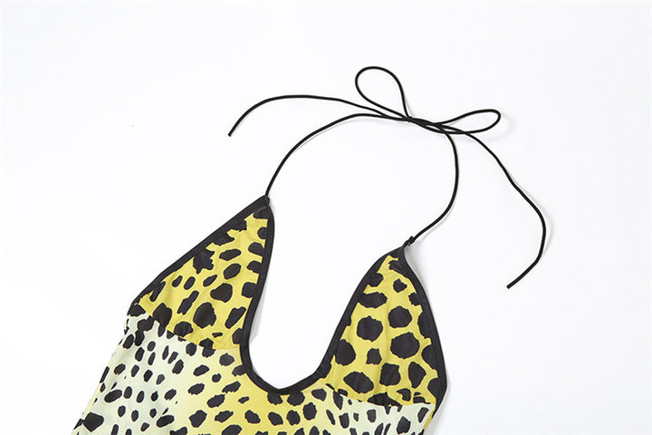 The Elara Golden Leopard  Halter Dress