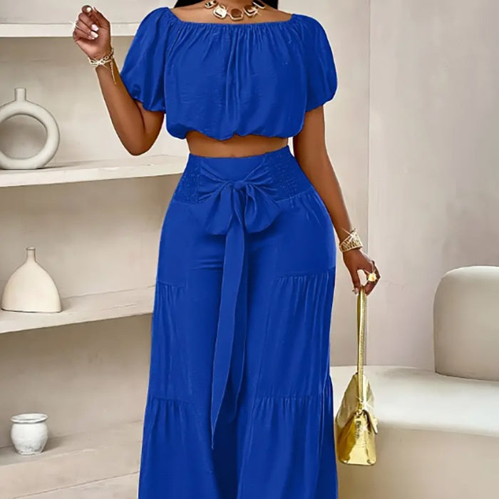 The Elara Off-Shoulder Tiered Wide-Leg Set