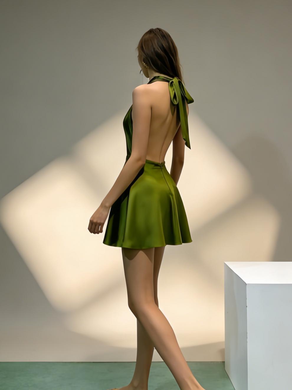 The Elara Satin Cowl Halter Mini Dress