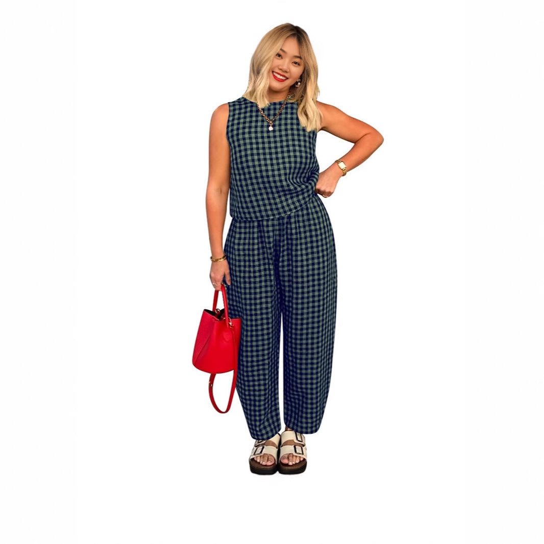 The Elara Plus Size Relaxed Check Tank &amp; Pant Set