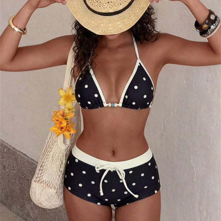 The Elara Polka Dot Halter High Waist Bikini Set