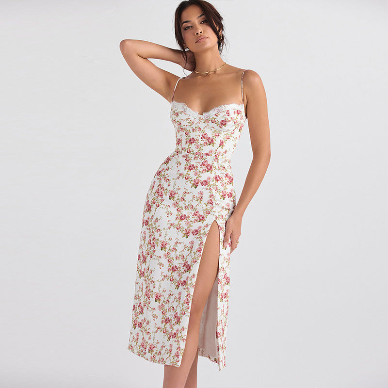 The Elara Ditsy Floral Lace Trim Slip Dress