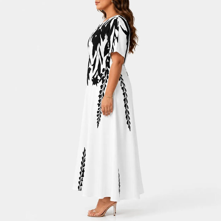 The Elara Monochrome Bloom A-Line Maxi Dress